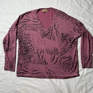 Free For Humanity Animal Print Shimmer long sleeve v neck top made in Italy